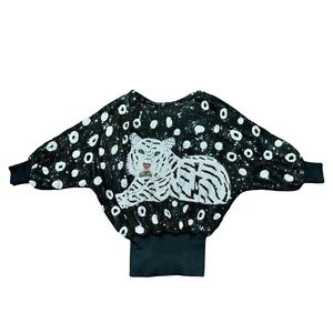 True Vintage 80s Sequin Beaded Tiger Top Dress Black Silk Batwing Sleeve